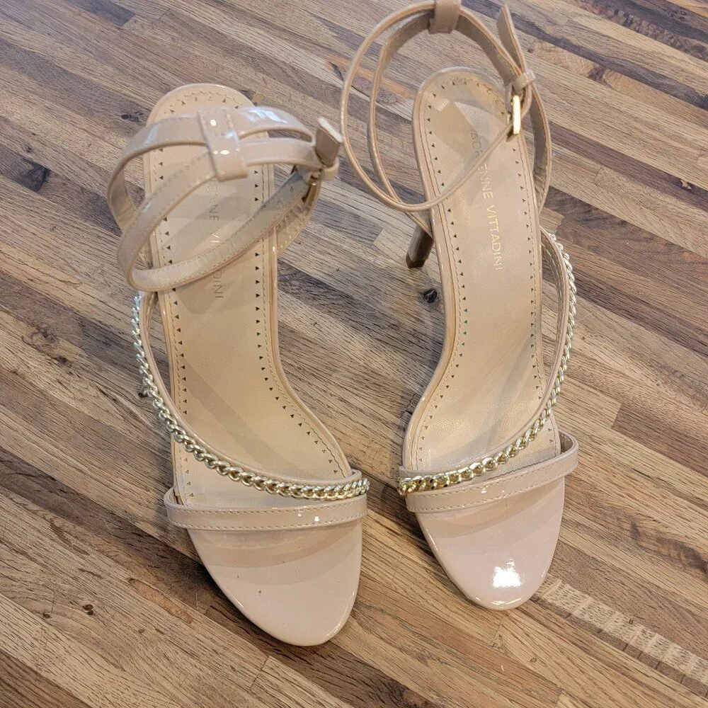 Adrienne Vittadini Chain Detail Faux Patent Leather Ankle Strap Heels